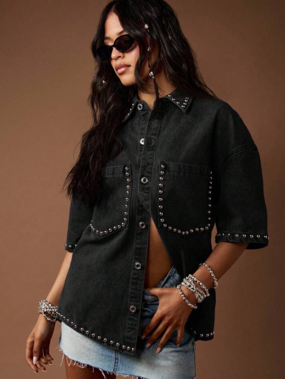 Missguided Black Stud-Trim Button-Down Shirt